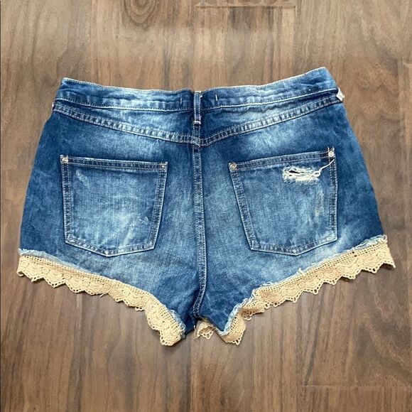 Free People Cream Lace and Blue Denim Distressed Jean Shorts - Picture 7 of 7